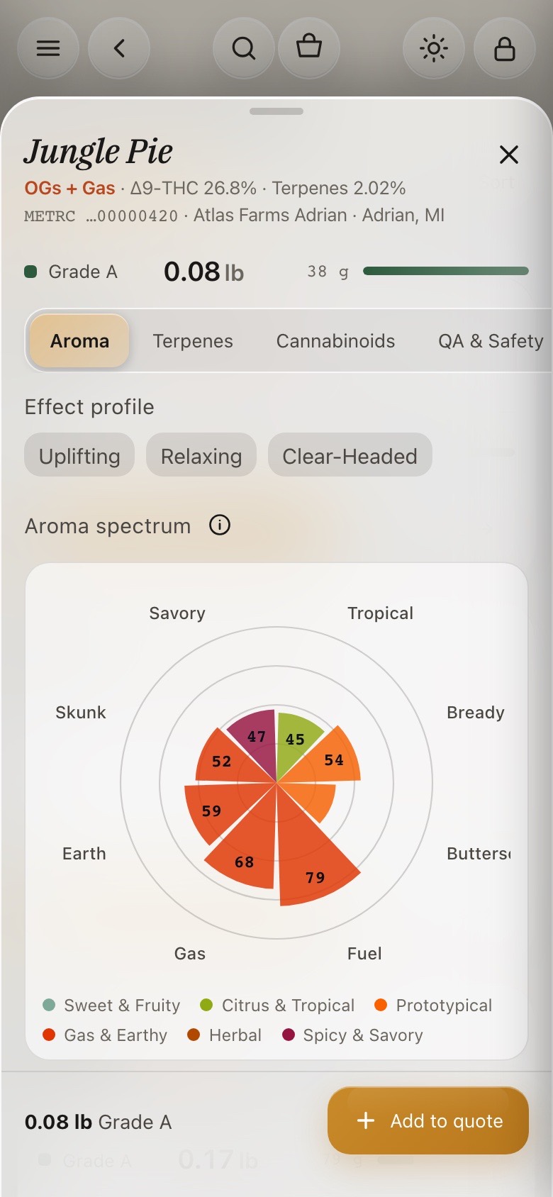 COA details on a phone — Jungle Pie's effect profile and aroma rose, the grade ledger, and Add to quote in the footer