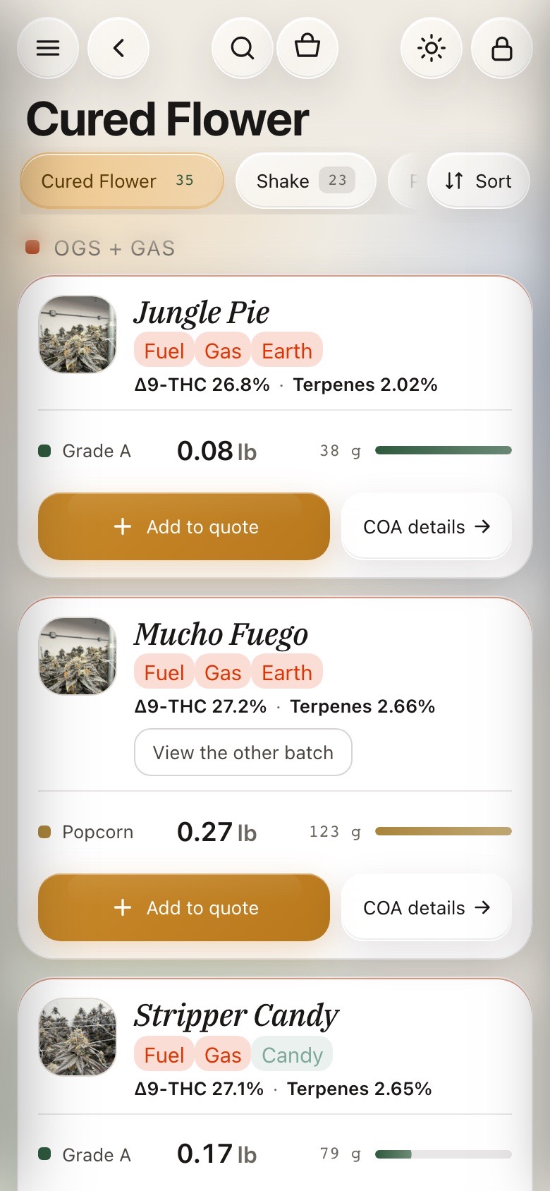 The live menu on a phone — Cured Flower, OGs + Gas: Jungle Pie with Fuel, Gas and Earth notes, Δ9-THC 26.8%, terpenes 2.02%, Grade A 0.08 lb, Add to quote and COA details