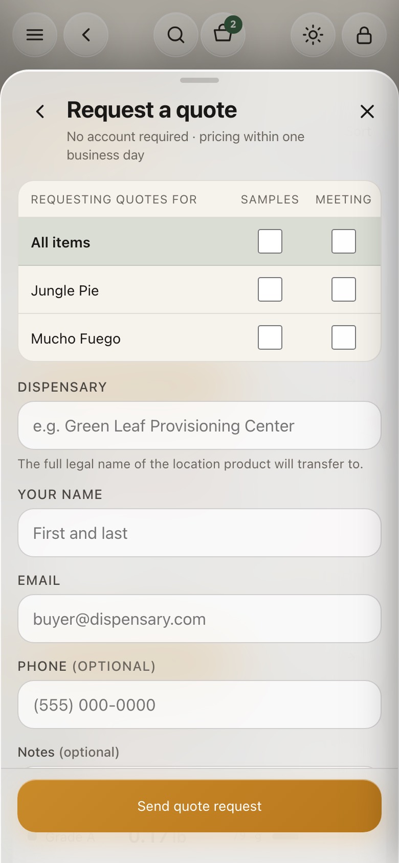 Request a quote — samples, a meeting or all items; no account required, pricing within one business day