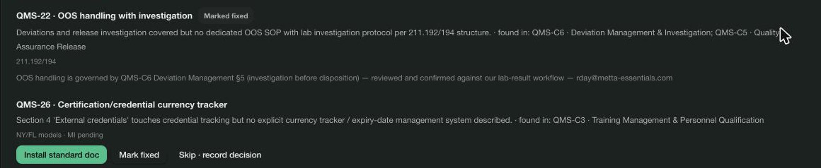 An audit finding marked fixed with the reviewer's recorded decision — the next gap offers Install standard doc, Mark fixed, or Skip with a recorded decision