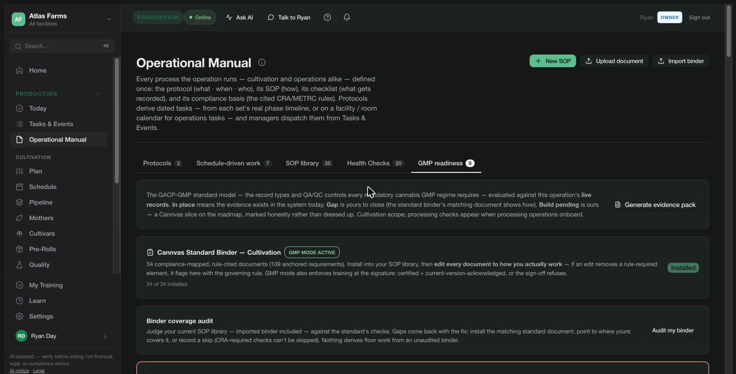 The Operational Manual's GMP readiness tab: Cannvas Standard Binder — Cultivation installed, 34 of 34 documents, GMP mode active