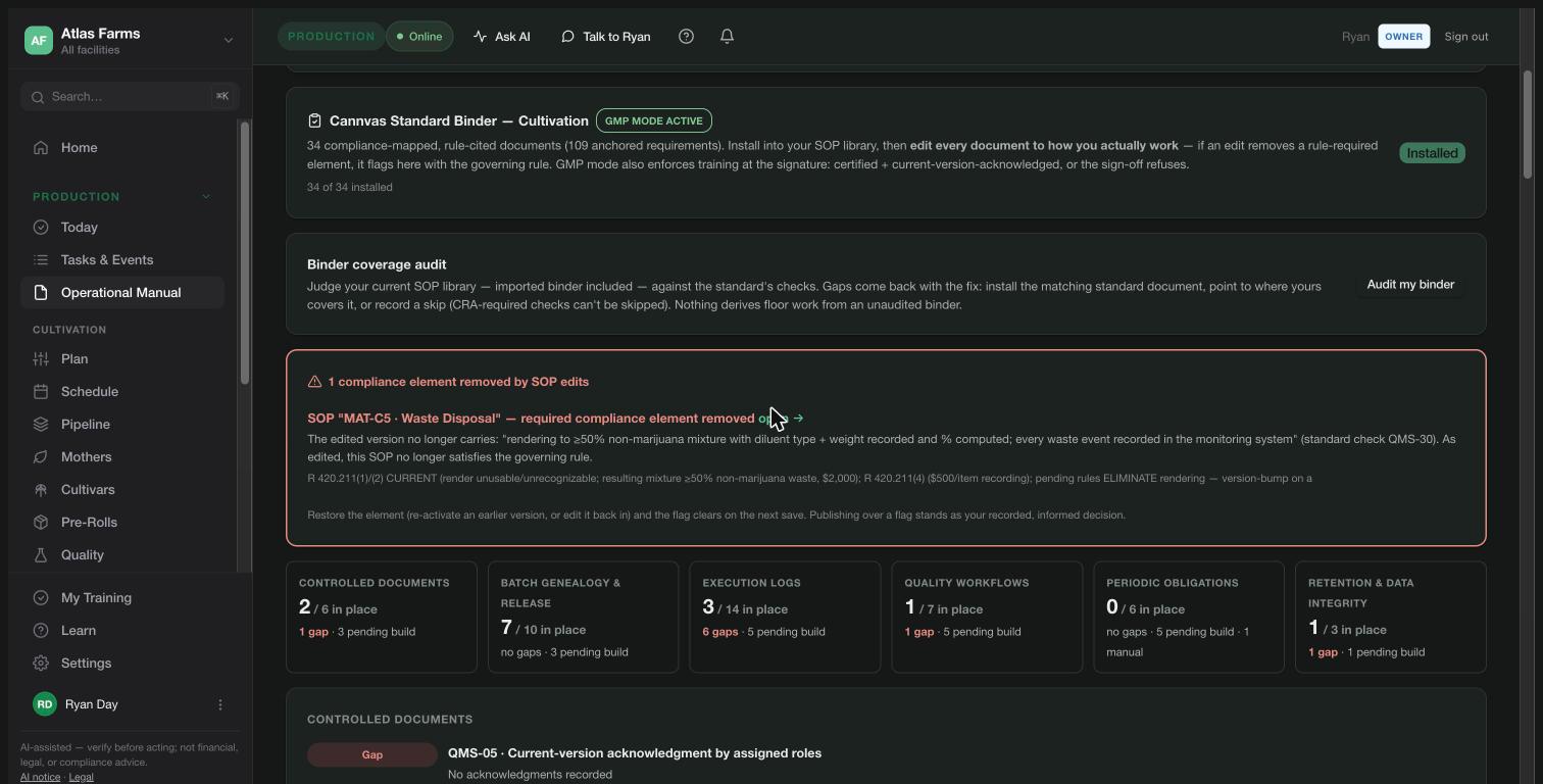 An SOP edit removed a rule-required element — Cannvas flags it and cites the governing rule, with the fix one click away