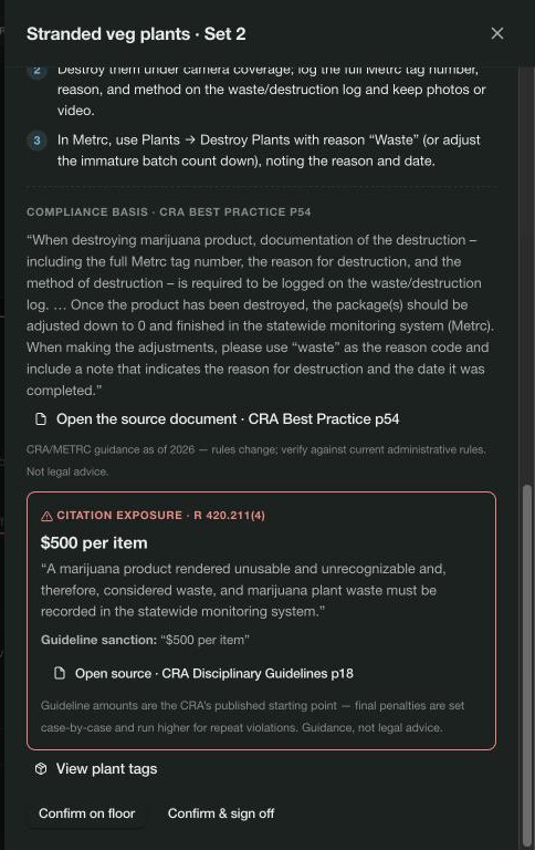 A Cannvas flag drawer: numbered fix steps, the CRA rule quoted verbatim, the guideline sanction, and links to the official source PDFs