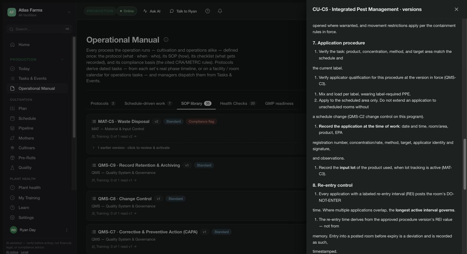 Inside an SOP: the numbered application procedure and the record-at-time-of-work requirements — date, room, product, EPA number, rate, method, applicator