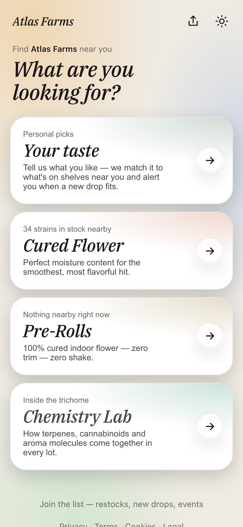 The customer app home — Find Atlas Farms near you: Your taste, then Cured Flower with 45 strains in stock nearby, Pre-Rolls and the Chemistry Lab