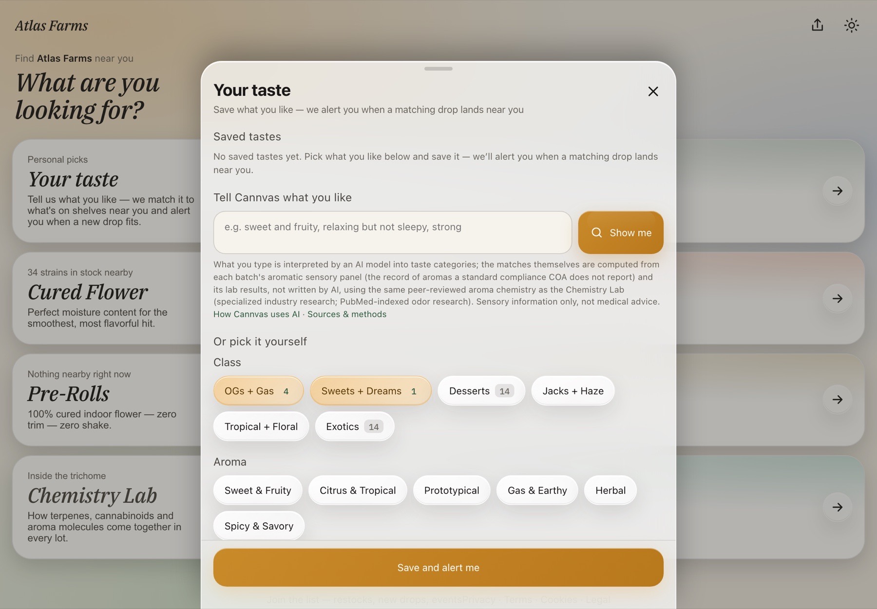 Your taste on an iPad — Tell Cannvas what you like, the AI notice under the text box, class chips OGs + Gas and Sweets + Dreams selected, aroma and effect chips below, and Save and alert me