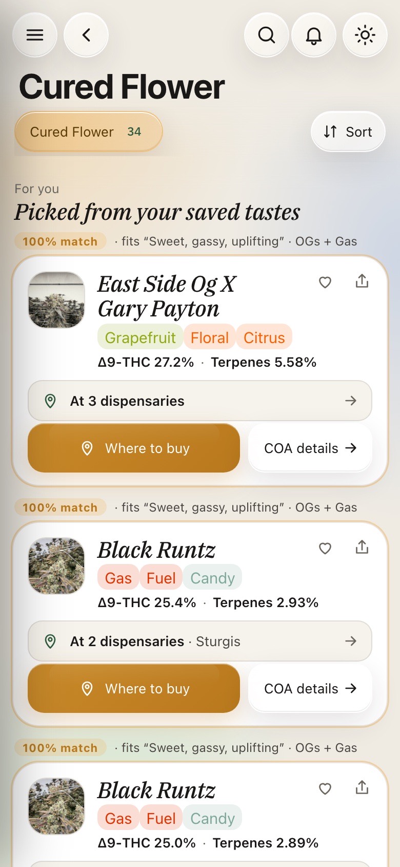 Cured Flower menu opening with For you — Picked from your saved tastes: East Side Og X Gary Payton and Black Runtz as full cards with the match percentage, aroma notes, Where to buy and COA details