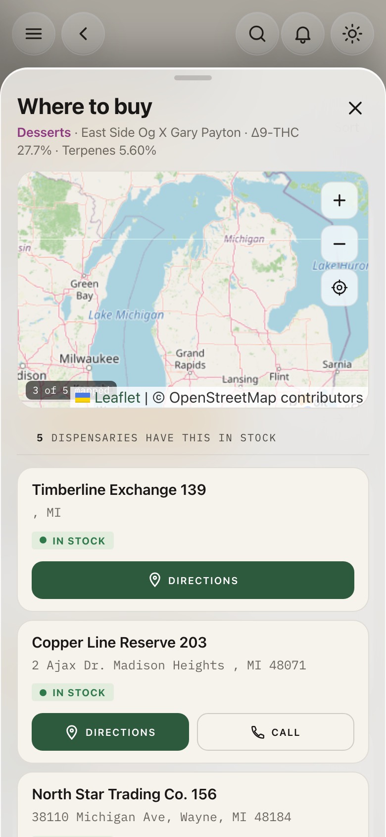 Where to buy — five dispensaries have this batch in stock, mapped, from the manifests