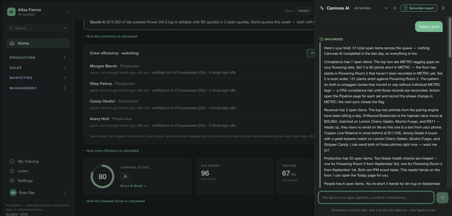 The Cannvas AI drawer answering 'Today's brief' — grounded: compliance, revenue, production and people lanes in plain English, each with its action, ending 'I can send both of those pitches right now — want me to?'