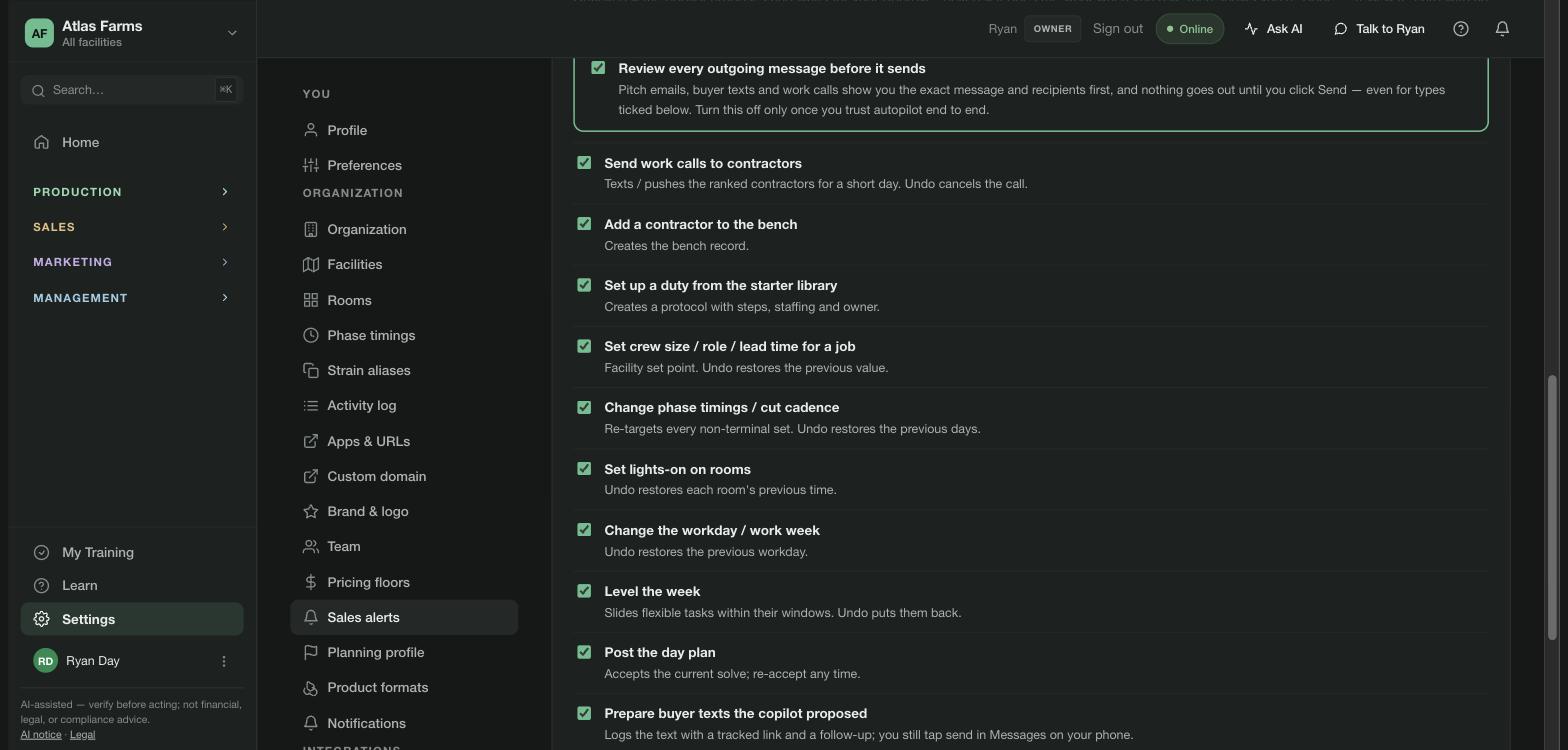 Settings, Cannvas AI — Autopilot: review every outgoing message before it sends; send work calls, add a contractor, set up a duty, set crew size, change phase timings, set lights-on, change the workday, level the week, post the day plan, prepare buyer texts — each with what Undo restores