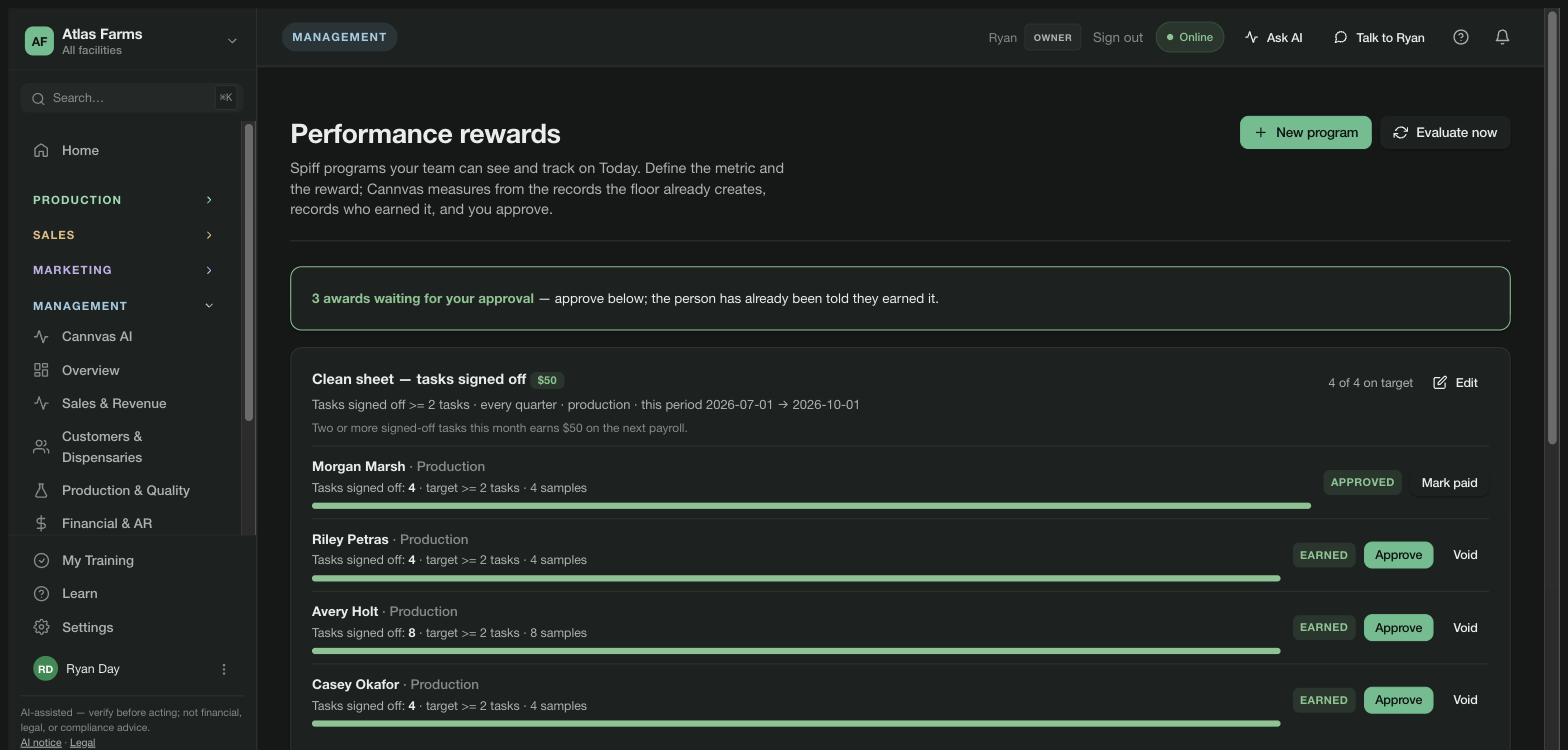 Performance rewards — 3 awards waiting for approval; the Clean sheet program, tasks signed off at least 2 per quarter for production, $50: four growers with their counts, progress bars and Approve, Mark paid or Void