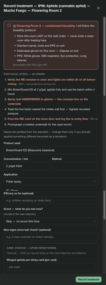 A task opened on the floor — the biosafety acknowledgment, the ordered SOP steps with criticals highlighted, the prefilled data log, photo evidence, and the monitoring checks, all in one drawer