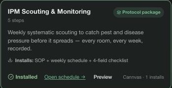 The IPM Scouting and Monitoring package after one click — Installed, with Open schedule and one install counted