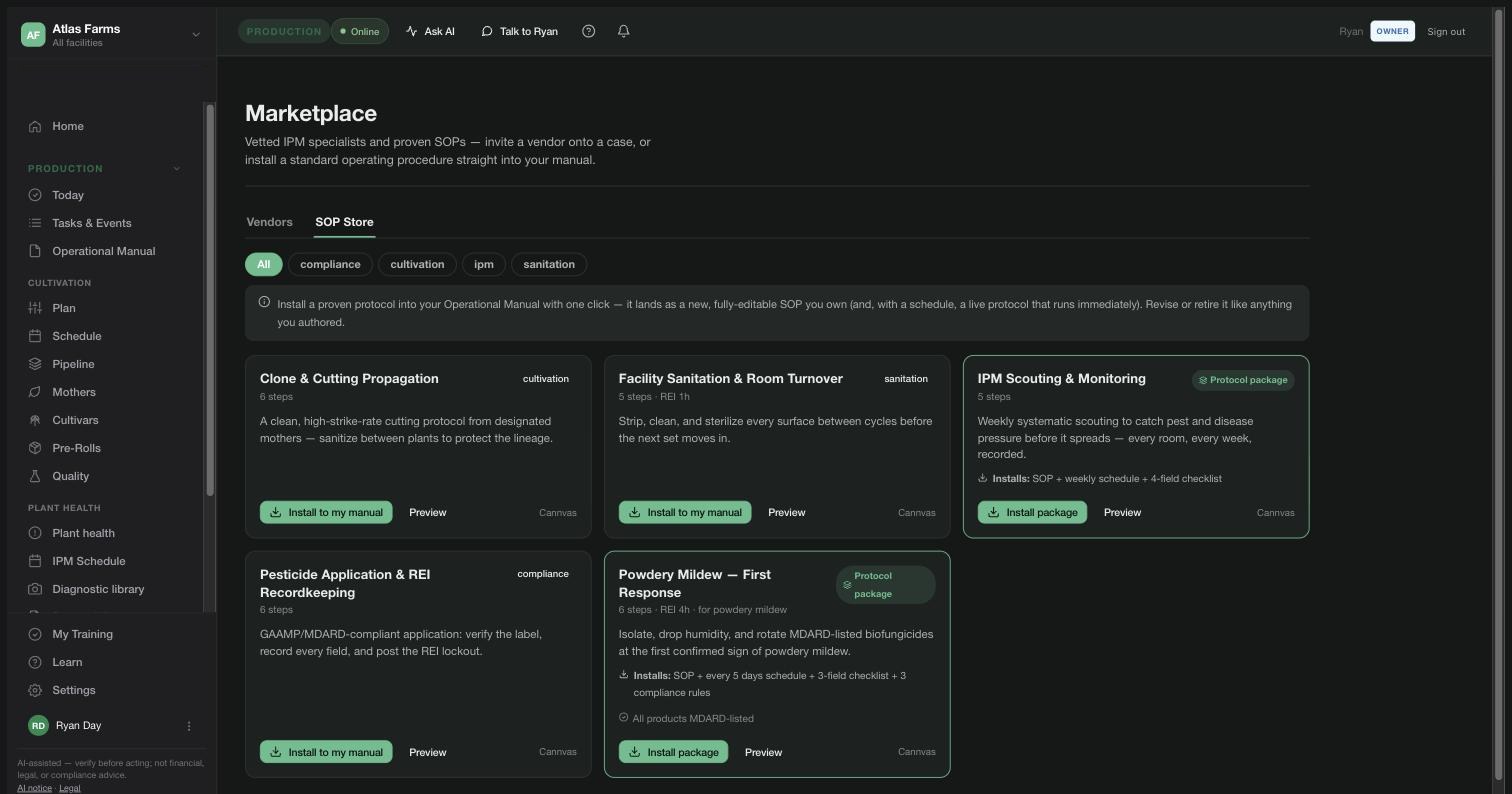 The SOP Store — installable protocol packages including IPM Scouting and Monitoring and Powdery Mildew First Response, each listing what it installs: SOP plus schedule plus checklist plus compliance rules, all products MDARD-listed