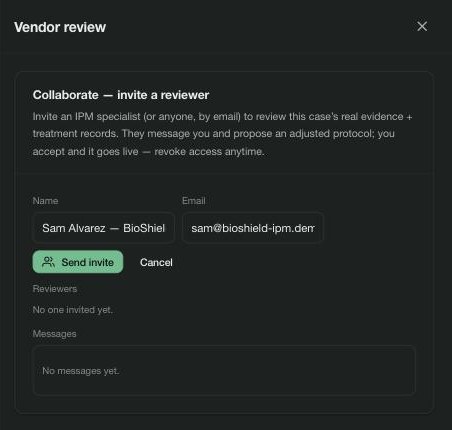 Vendor review on the case — collaborate, invite a reviewer by name and email, with the reviewers list and the case message thread below