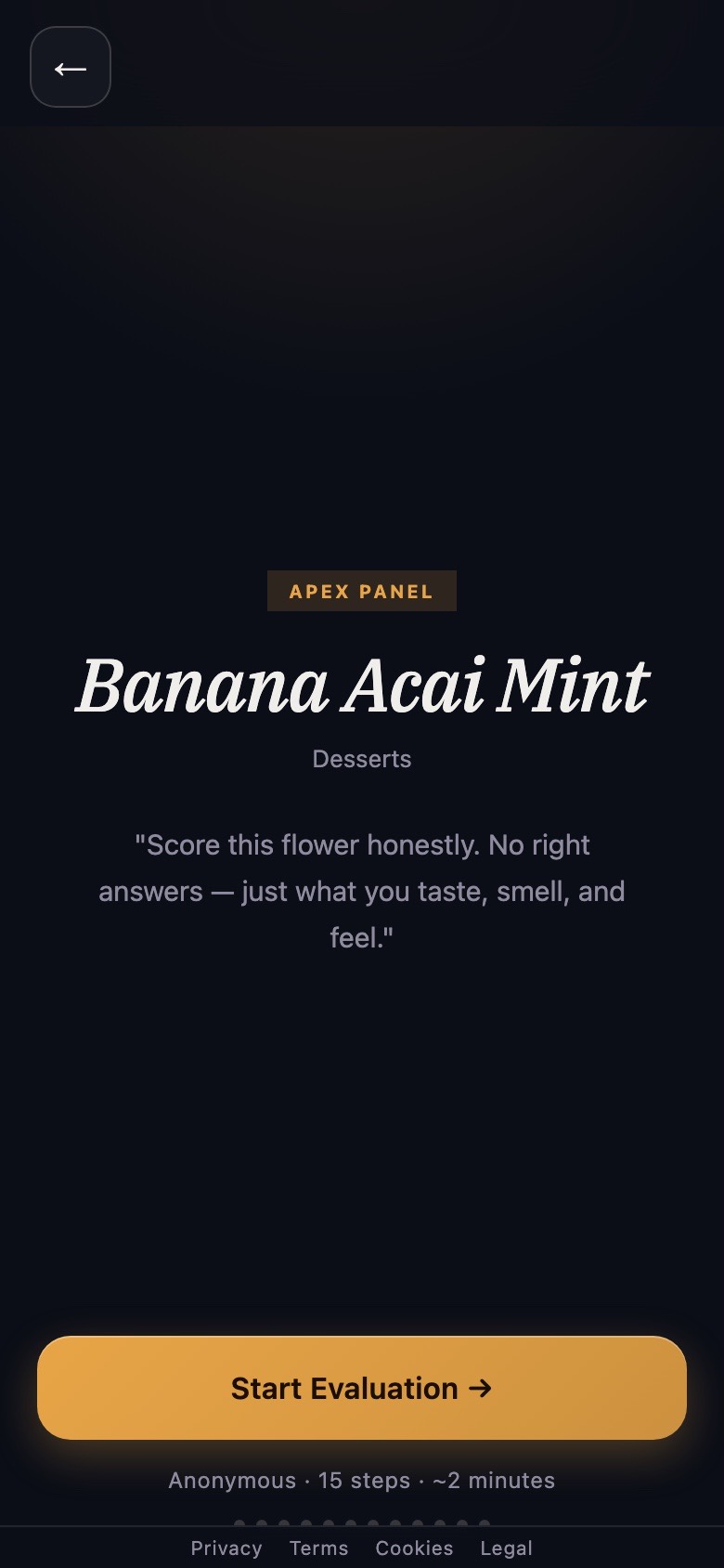 APEX panel intro for Banana Acai Mint — score this flower honestly, no right answers; anonymous, fifteen steps