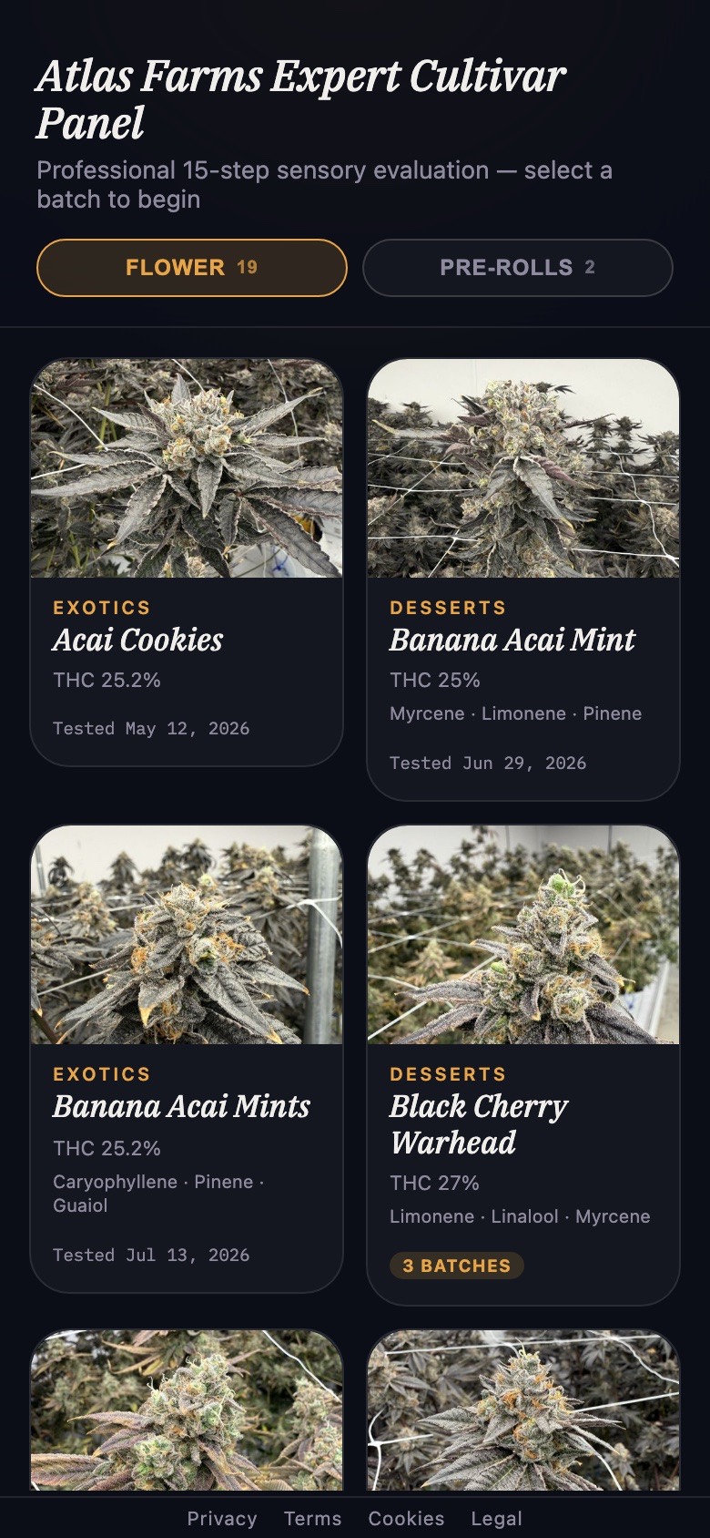 The Atlas Farms Expert Cultivar Panel on a phone — professional 15-step sensory evaluation, pick a batch to begin: flower cards with photos, THC, dominant terpenes and test dates