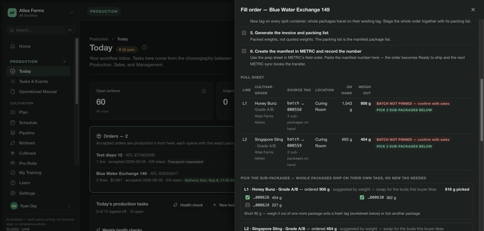 Pull sheet — two lines with cultivar and grade, source tag, location, on hand and weigh-out grams, and the sub-package picker that covers each line