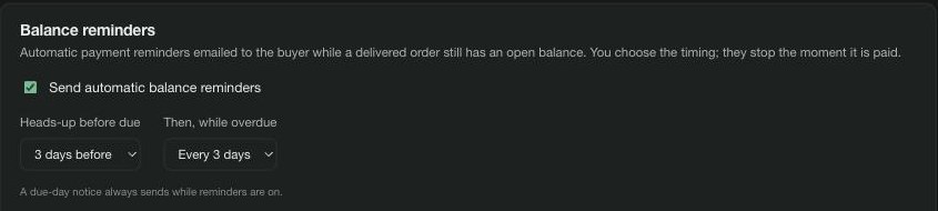 Balance reminders settings — send automatic balance reminders on, heads-up 3 days before due, then every 3 days while overdue, with a due-day notice always sent