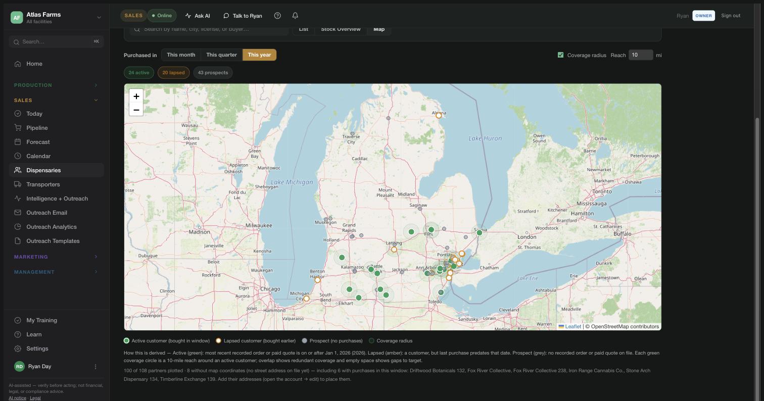 The dispensary coverage map of Michigan — 24 active with coverage radii, 20 lapsed, 43 prospects; the empty space is the expansion plan