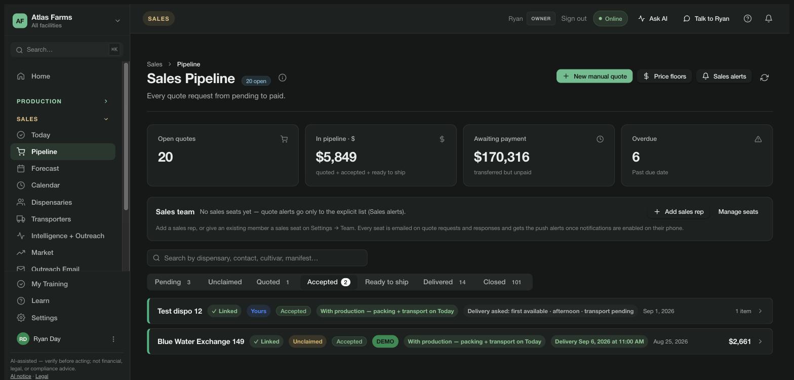 Sales pipeline, Accepted tab — two orders with production: one 'Delivery asked: first available, afternoon, transport pending', one 'Delivery Sep 6, 2026 at 11:00 AM'