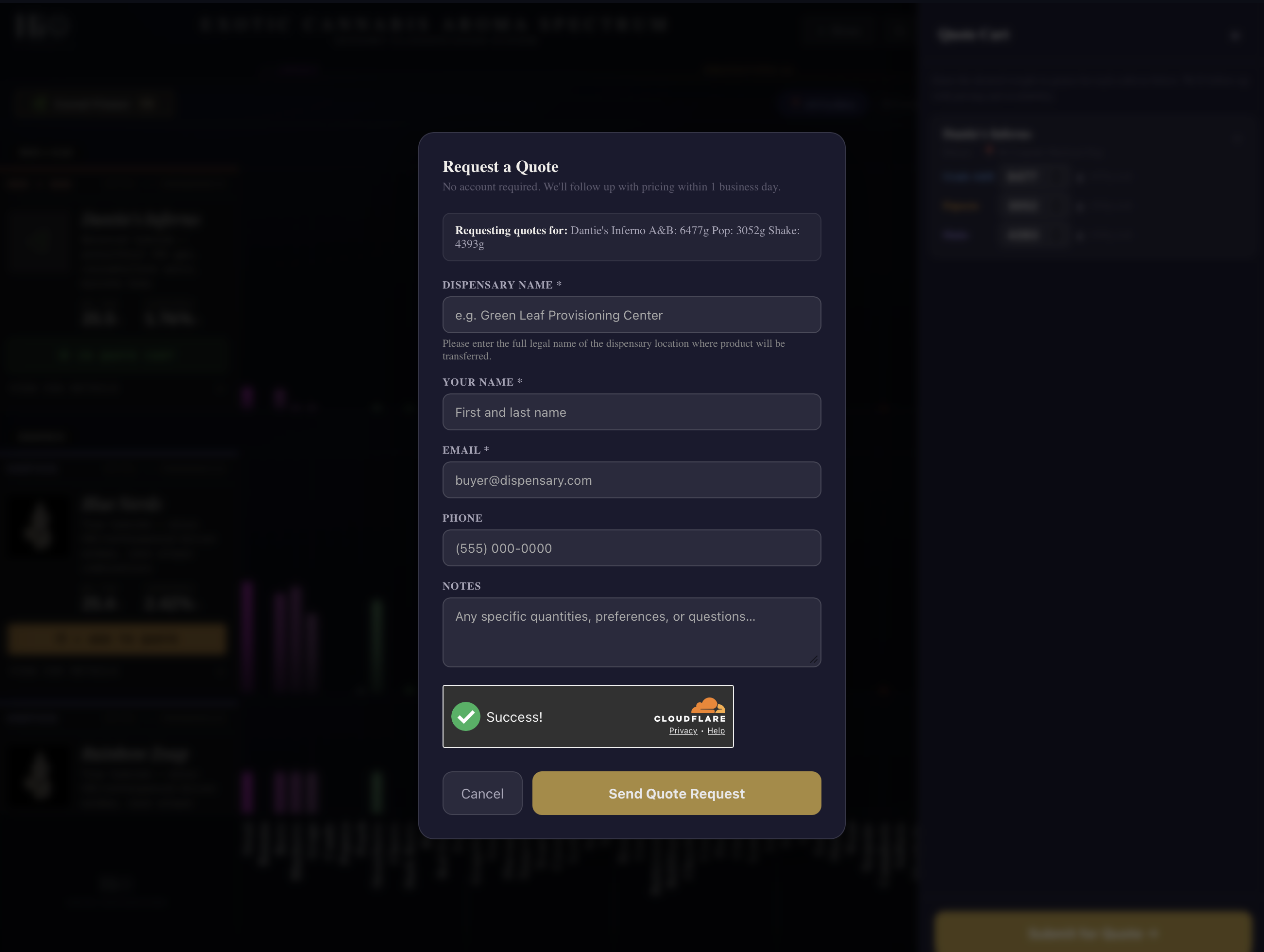 Request a Quote modal with Dispensary Name, Buyer Name, Email, Phone, Notes fields, plus Cloudflare Turnstile success indicator